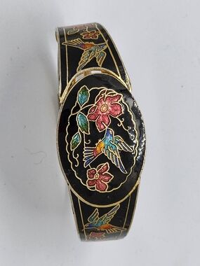 Black Enamel Floral Hummingbird Cloisonné Clamper Cuff Bracelet Size 6